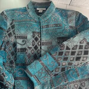 Vintage Dressbarn Womens Tapestry Blazer Jacket Sz XL Teal Art to Wear Full Zip